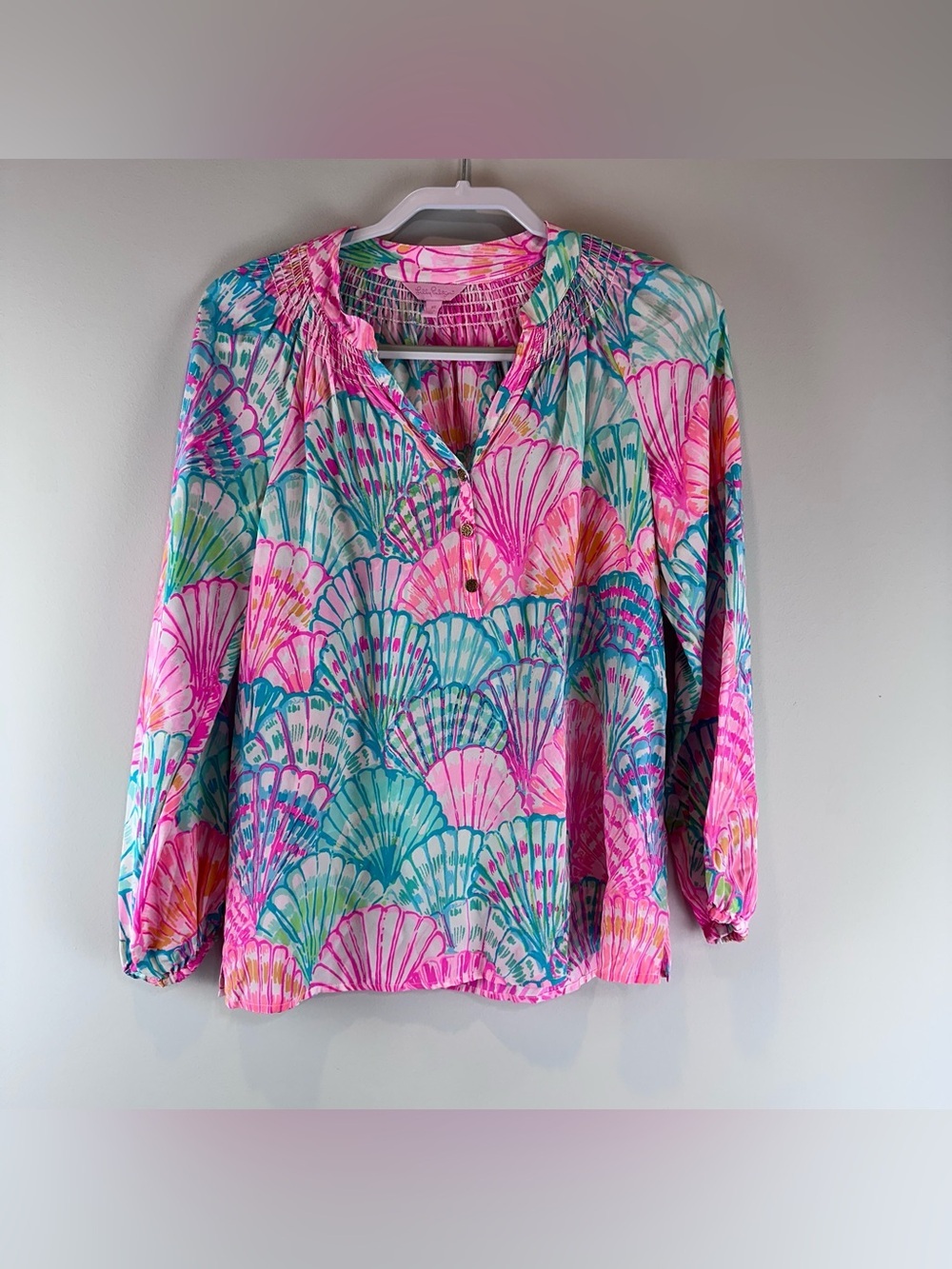 Lilly Pulitzer Pink Blue Oh Shello 100% Silk Long Sleeve Coastal Elsa Top XS